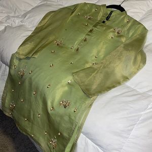 Pistachio green kurti with pearls & chair charms